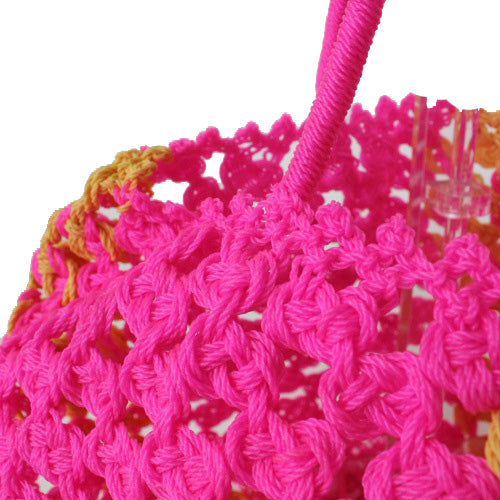 ナイロン編みバッグ　立体 ピンクx黄