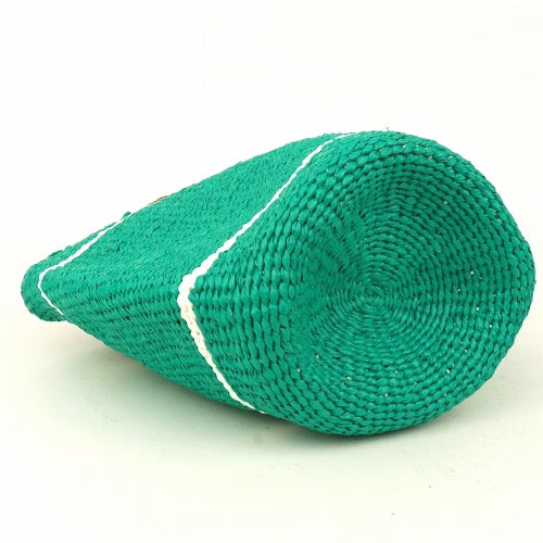 プラスチックサイザルバッグ丸底 平革ハンドル 細ボーダー 緑x白
