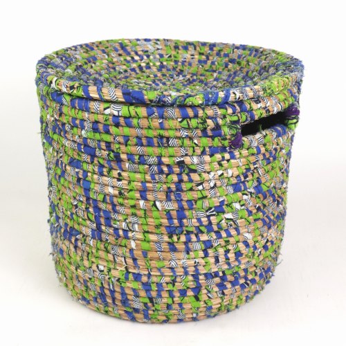 セネガル筒型かご蓋つき大 裂布パーニュミックス　緑青