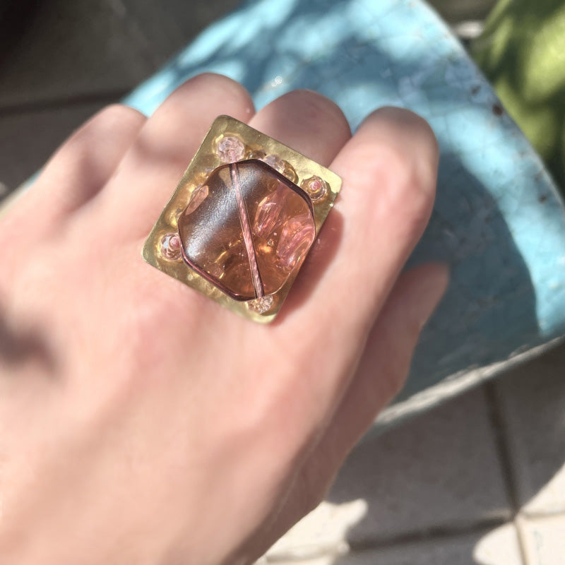 タマカリ　真鍮板石指輪 02ピンク
