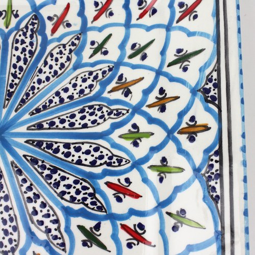 スラマ チュニジア製陶器 手描き四角平皿 28cm ターコイズ