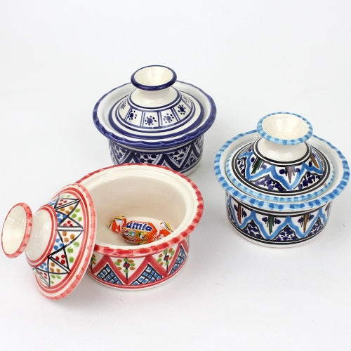 スラマ チュニジア製陶器 手描き蓋付ボウル 10cm ターコイズ