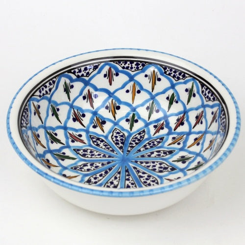 スラマ チュニジア製陶器 手描き円形ボウル 25cm ターコイズ