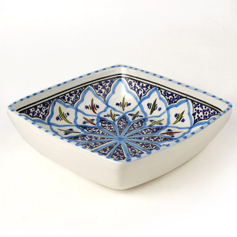 スラマ チュニジア製陶器 手描き四角深皿 18cm ターコイズ