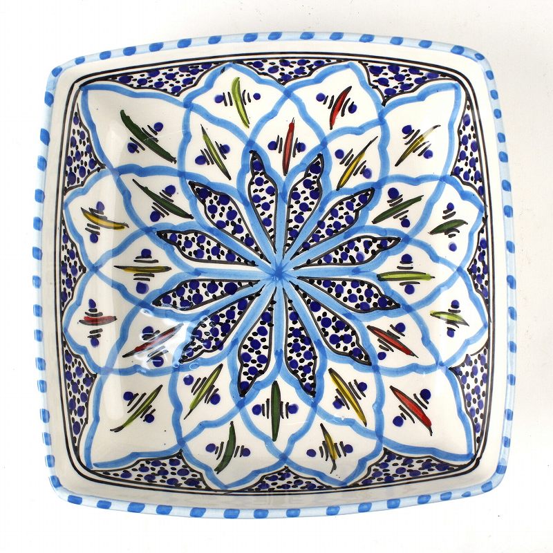 スラマ チュニジア製陶器 手描き四角深皿 18cm ターコイズ