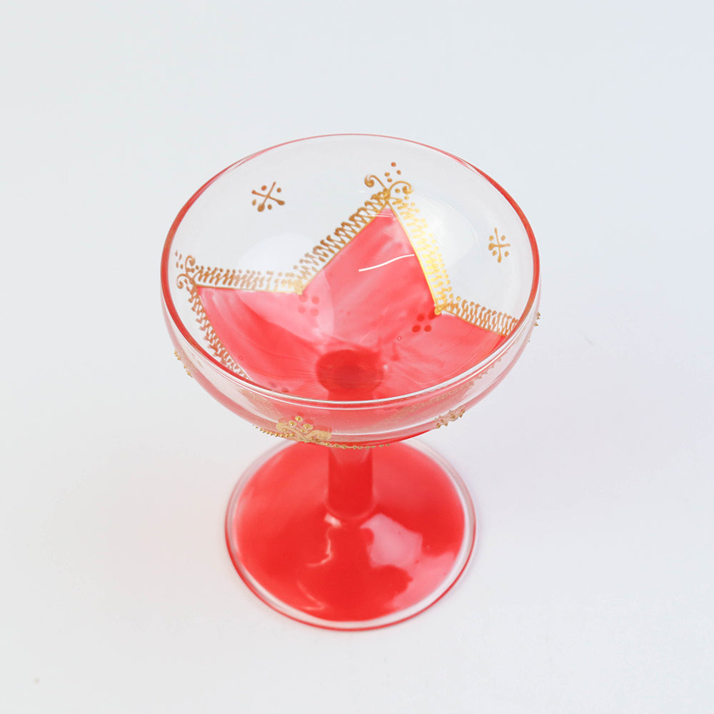 モロッコ手描きカクテルグラス ゴールド 赤