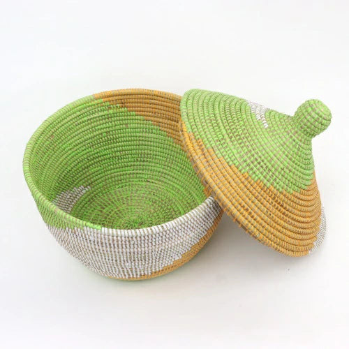 セネガルバスケット　おもちゃ入れ 蓋付収納かご　やまぶきx黄緑x白