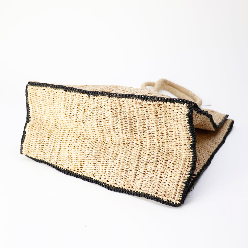 ラフィアかぎ編みバッグ 透かしストライプ四角 NAT黒 | マンゴロベ
