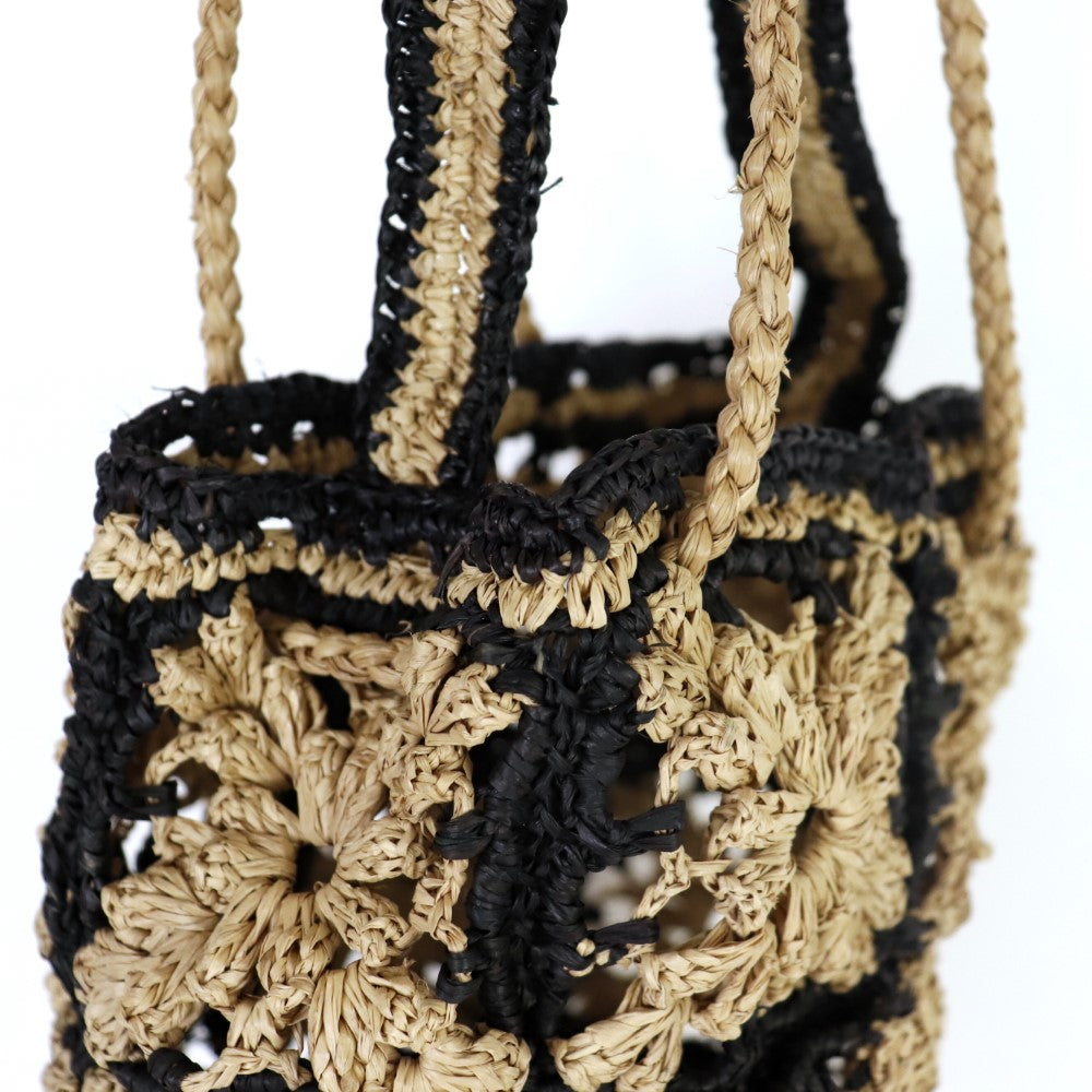 ラフィアバッグ 丸底花パッチワーク 紅茶黒