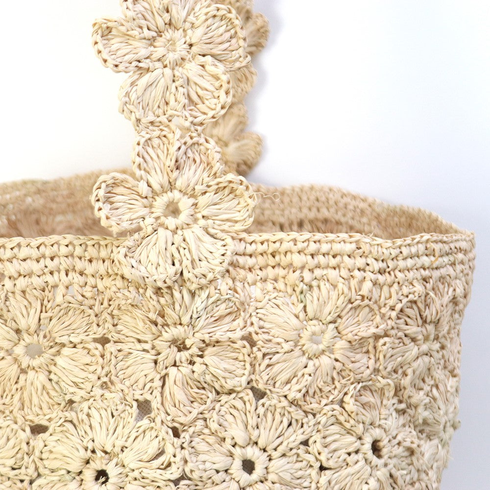 ラフィアバッグ 丸底 花パッチワーク NAT