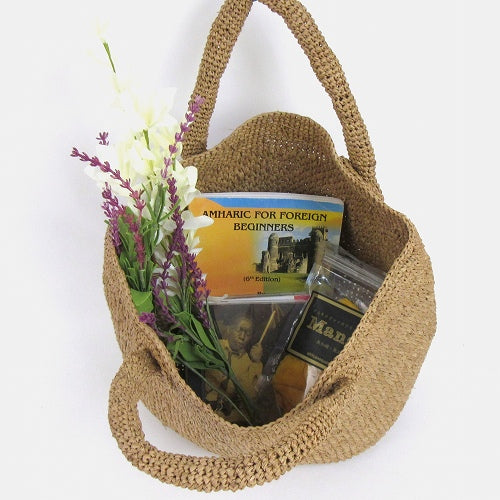 ラフィア編みバッグ ポット手提げ 草木染め ベージュ