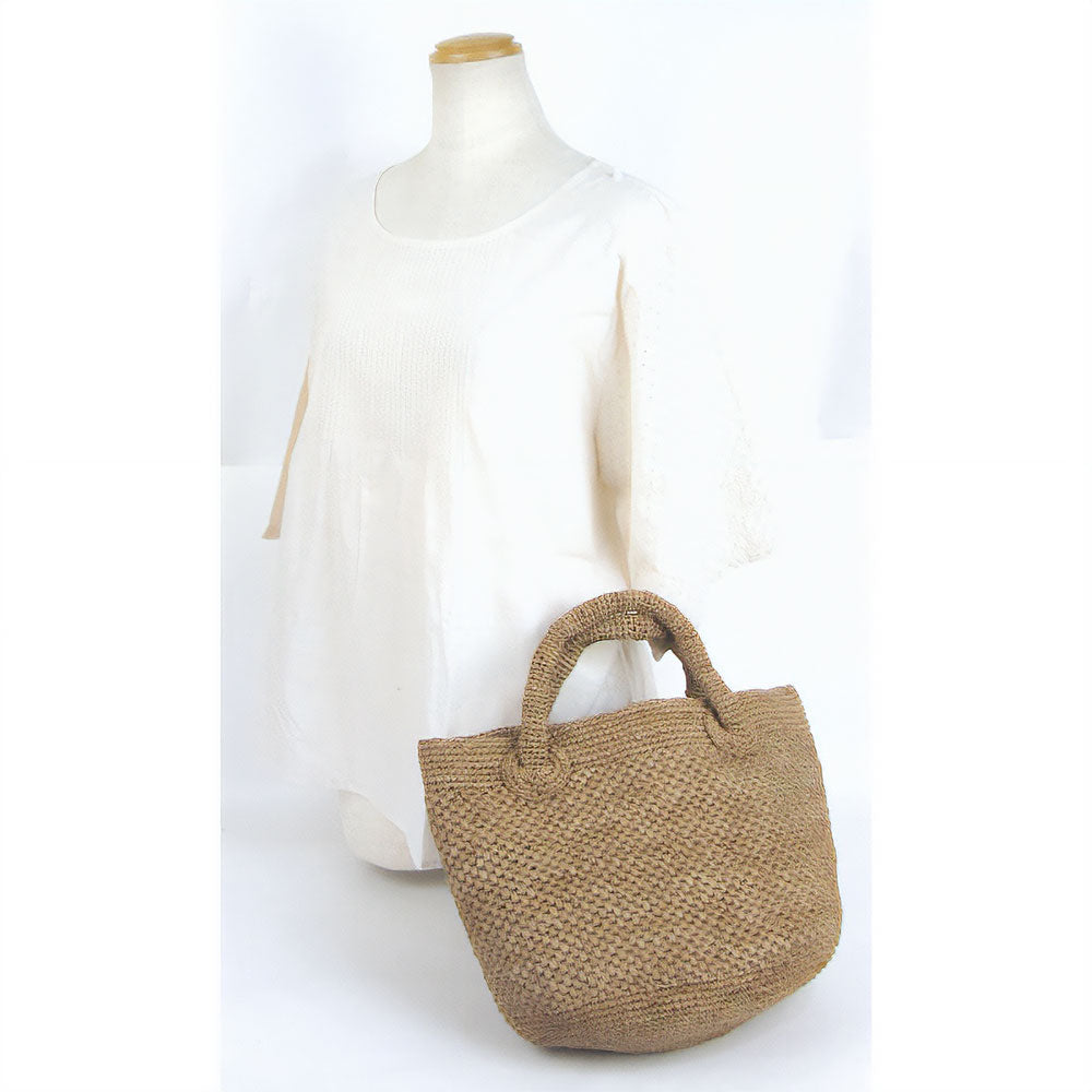 ラフィア編みバッグ ポット手提げ 草木染め ベージュ