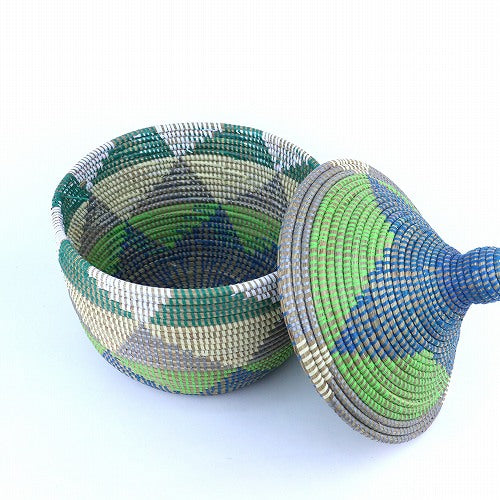 セネガルカゴ 蓋付き 三角段々柄 紺