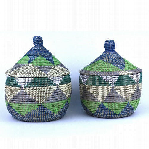 セネガルカゴ 蓋付き 三角段々柄 紺