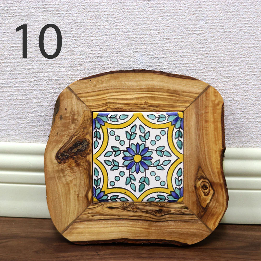 オリーブ木 タイル鍋敷き 10x10 新柄