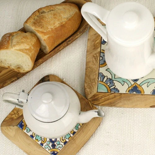 オリーブ木 タイル鍋敷き 15x15 08