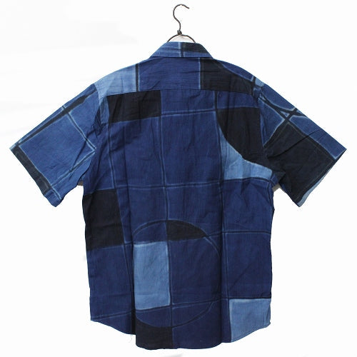 泥・藍染半袖シャツ L/M 藍円格子