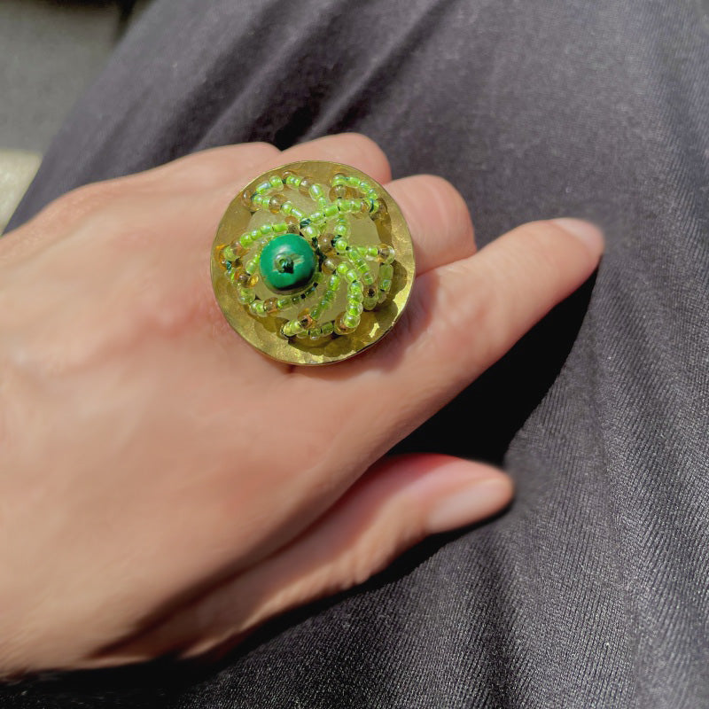 タマカリ　真鍮板石指輪 01グリーン