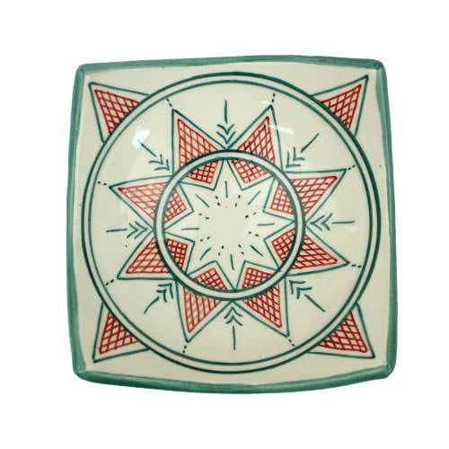 サフィ陶製飾り四角深皿 13x13 緑赤