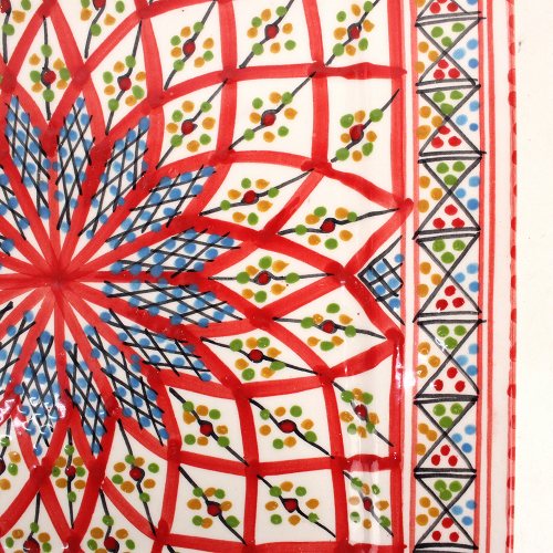 スラマ チュニジア製陶器 手描き四角平皿 22cm 赤