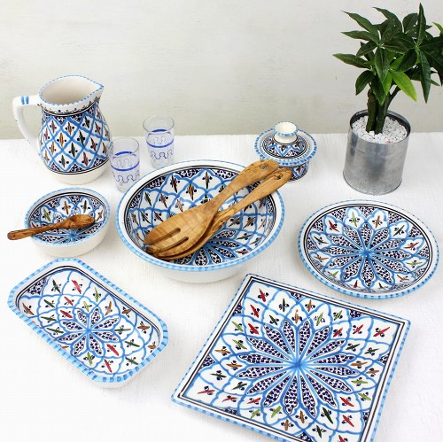 スラマ チュニジア製陶器 手描き四角平皿 22cm ターコイズ