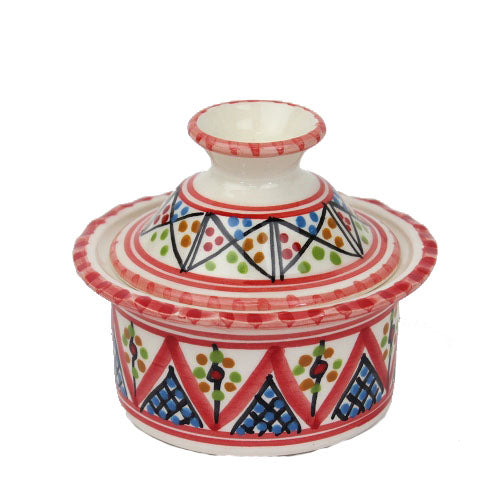 スラマ チュニジア製陶器 手描き蓋付ボウル 10cm 赤