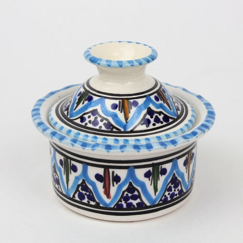 スラマ チュニジア製陶器 手描き蓋付ボウル 10cm ターコイズ