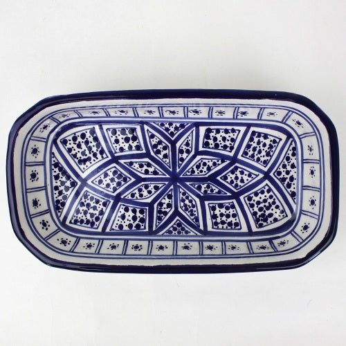 スラマ チュニジア製陶器 手描き長方形ボウル 20m 青