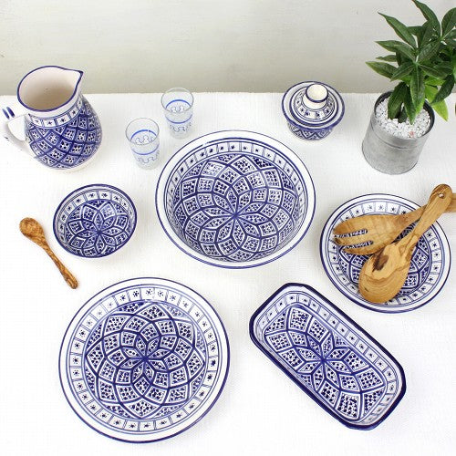 スラマ チュニジア製陶器 手描き長方形ボウル 20m 青