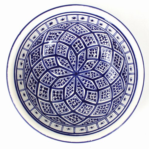 スラマ チュニジア製陶器 手描き円形ボウル 25cm 青