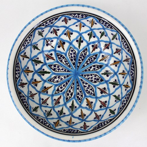 スラマ チュニジア製陶器 手描き円形ボウル 25cm ターコイズ