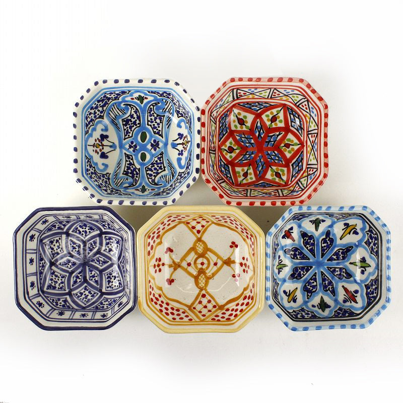 スラマ チュニジア製陶器 手描き八角形皿 10cm ターコイズ